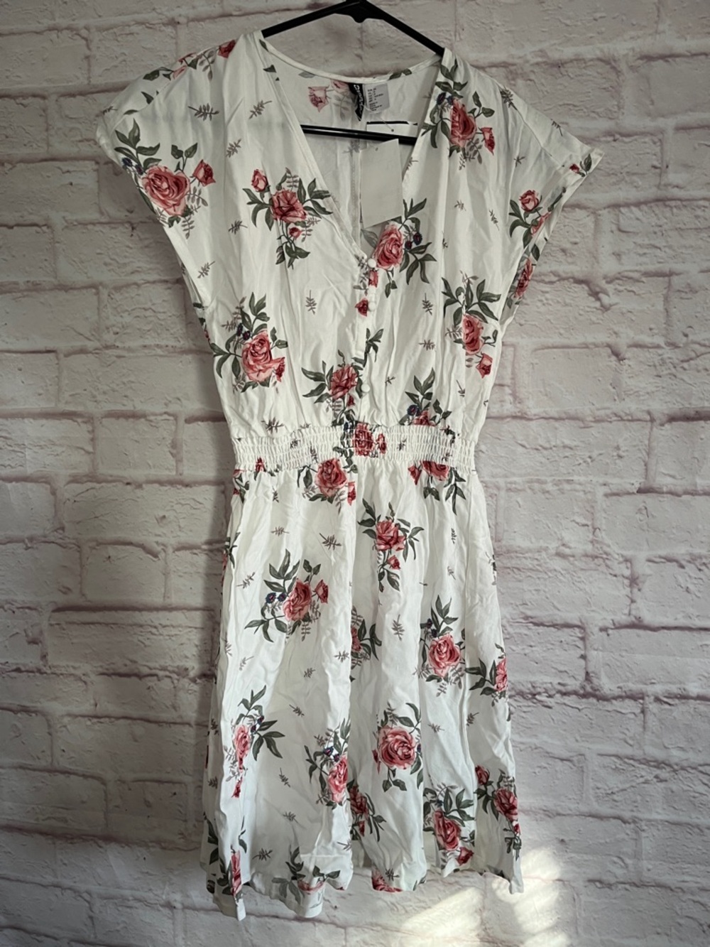 H&M White Mini Dress with Pink Rose Print